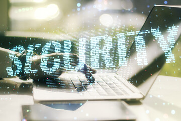 Poster - Cyber security creative concept with hands typing on computer keyboard on background. Double exposure