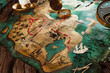 Vintage Nautical Treasure Map with Compass and Ancient Coins on Wood