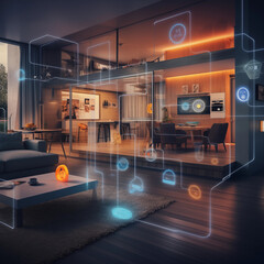 Poster - A smart home setup. A modern living space equipped with smart home devices like smart lights, tv and voice - controlled assistants. Smart home interior with augmented reality. AI generative.