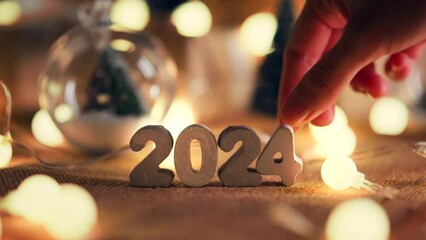 Wall Mural - b roll - hands of woman put 2024 numbers on decorated table, merry christmas and happy new year!