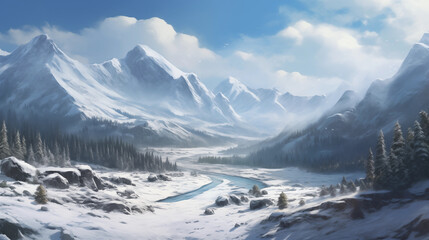 Aufkleber - Snow-covered landscapes, including mountains, forests, and fields. llustration for cover, interior design. AI generative.