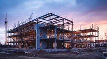 Construction Site Of Large Residential Commercial Building, Some Floors Already Built. Metal Structure With Evening Sky Background 