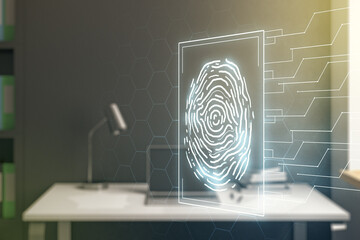 Aufkleber - Multi exposure of abstract graphic fingerprint sketch and modern desktop with pc on background, fingerprint scan data concept