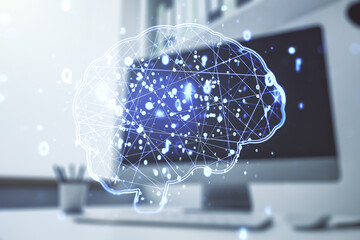 Poster - double exposure of creative human brain microcircuit and modern desk with computer on background. fu
