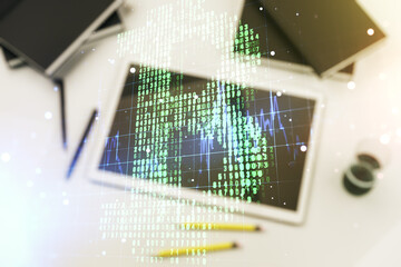 Poster - Double exposure of creative Bitcoin symbol and digital tablet on background, top view. Cryptocurrency concept