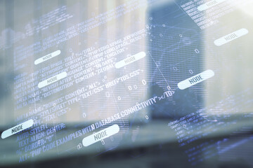 Aufkleber - Multi exposure of abstract creative coding sketch and world map on blurry modern office building background, artificial intelligence and neural networks concept