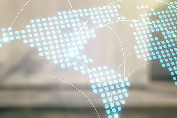 Poster - Abstract virtual world map with connections on blurry modern office building background, international trading concept. Multiexposure