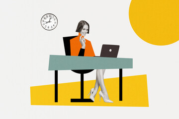 Fototapete - Collage picture sketch of successful professional woman browsing sms message sitting workspace isolated on painted background