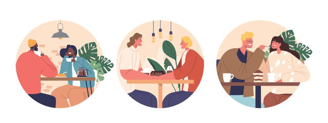 Wall Mural - Isolated Round Icons or Avatars of Romantic Couples Sips Coffee In A Cozy Cafe, Their Eyes Locked, Hands Intertwined