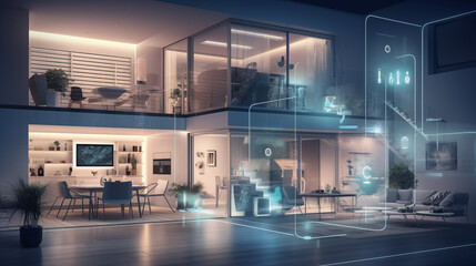 Poster - A smart home setup. A modern living space equipped with smart home devices like smart lights, tv and voice - controlled assistants. Smart home interior with augmented reality. AI generative.