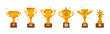 © Limpreom - Cartoon gold cups prizes, winner award in retro 90s style. Vintage trophies, first place award. Competition ceremony, awarding the winner of the competition