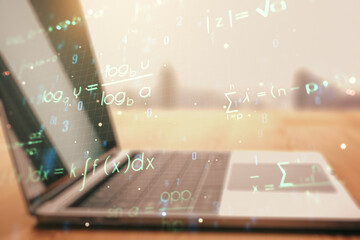Poster - Double exposure of creative scientific formula concept on laptop background, research and development concept