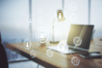 Poster - Double exposure of social network icons concept with computer on background. Networking concept