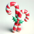Christmas candy cane with holly berry and mistletoe on a white background, 3d festive illustration, generative ai