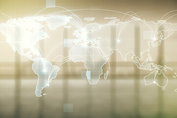 Poster - Abstract graphic digital world map hologram with connections on modern interior background, globalization concept. Multiexposure