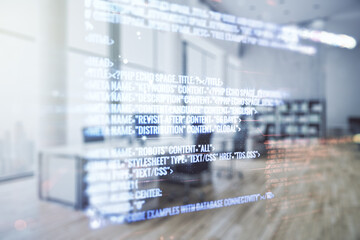 Aufkleber - Double exposure of abstract creative programming illustration on a modern furnished office interior background, big data and blockchain concept