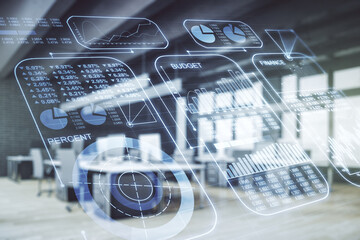 Poster - Double exposure of abstract virtual statistics data hologram on modern corporate office background, statistics and analytics concept