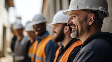 Portrait of engineer man smiling in diverse group of team on construction site.