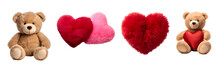 Fluffy Soft Pillow, Pink And Red Heart, And Teddy Bear: Valentine’s Day Set, Isolated On Transparent Background, PNG