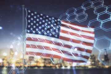 Poster - Abstract virtual technology sketch with hexagon grid on US flag and city background, future technology and AI concept. Double exposure