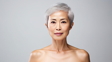 Wall Mural - Elegant, smiling, elderly, chic Asian woman with gray hair and perfect skin on a white background banner.