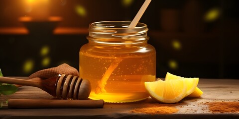 Honey in jar with honey dipper ginger and lemon on wooden background