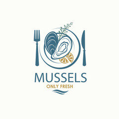 Wall Mural - label of fresh mussel shell isolated on light background