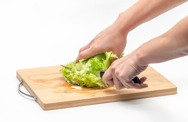 Slicing fresh green salad on a wooden cutting board. Side view. Female hands.