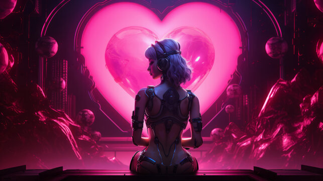 A beautiful cyberpunk synthwave woman with heart 