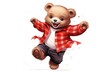A brown toy bear wearing a red shirt and jeans.