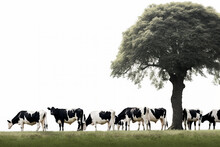 A Herd Of Black And White Friesian Cows Grazing Under A Tree, .isolated On A White Background
