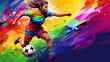 A football player with ball in rainbow colors.