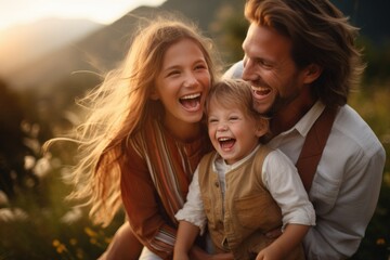 A father with his two children having fun in the countryside on a sunny day