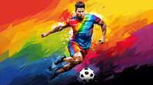 A Football Player With Ball In Rainbow Colors.