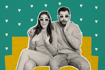 Sticker - Artwork collage picture of two astonished black white colors partners cuddle watch movie 3d glasses painted hearts isolated on teal background