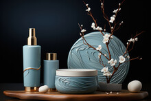 Bottles Of Cosmetics In Blue Tones In Korean Style Decorated With Flowering Branches, Stones And Ceramics