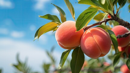 sweet peach fruits ripening on peach tree branch