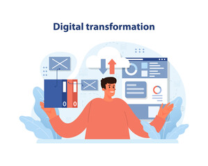 Wall Mural - Digital Business transformation. A visionary leader orchestrates the shift to digital platforms, enhancing connectivity and data management. Flat vector illustration.