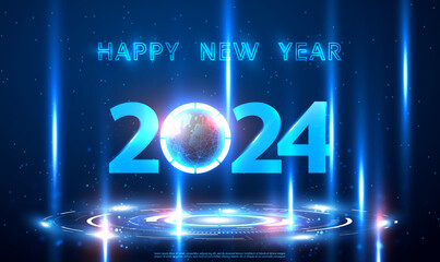 Poster - Happy New Year 2024 in glowing blue light with portal and hologram science futuristic stage. Digital numbers 2024. Magic circle teleport. Blue hologram of the numbers 2024. Technology Vector EPS10.