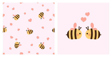 Wall Mural - Valentine's day seamless pattern with bee cartoons, cute flower and hearts on pink background. 