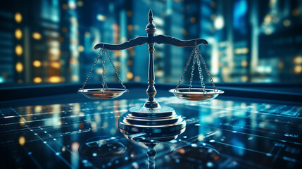 law scales against a data center background, representing the digital law concept and the duality of judiciary and modern data. ai generated.