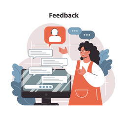 Poster - Engaging with Feedback on a digital platform. Joyful woman communicates through online chats, addressing user queries, spreading positivity. Interactive session, real-time responses.
