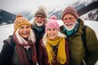 © Konstiantyn Zap - Against the majestic scenery of snow-covered peaks, a satisfied assembly of European retirees dons winter attire, symbolizing their enjoyment of the winter season together