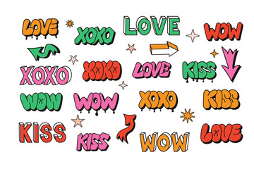 Poster - Sticker set in 90s style with words and arrows. Hand drawn lettering in bubble, street style graffiti and 2000s style. Words Love, kiss, wow, xoxo. Ideal for stickers, valentines decoration.