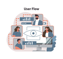 Wall Mural - User Flow visualization concept. Team interacts through digital interface, highlighting journey mapping and website navigation. User experience design, collaboration strategy. Flat vector illustration