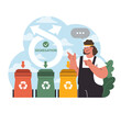 © inspiring.team - Worker guiding waste segregation. Color-coded bins for recycling, arrows indicating correct disposal. Responsible trash handling. Flat vector illustration