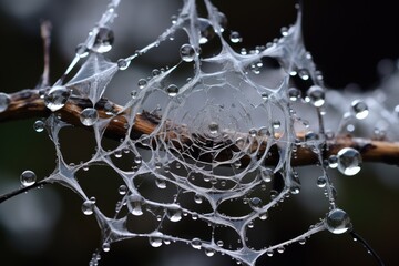 closeup of a spiderweb with dew drops on a tree