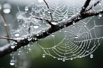 closeup of a spiderweb with dew drops on a tree