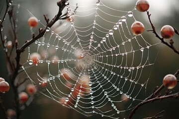 closeup of a spiderweb with dew drops on a tree