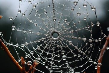 closeup of a spiderweb with dew drops on a tree